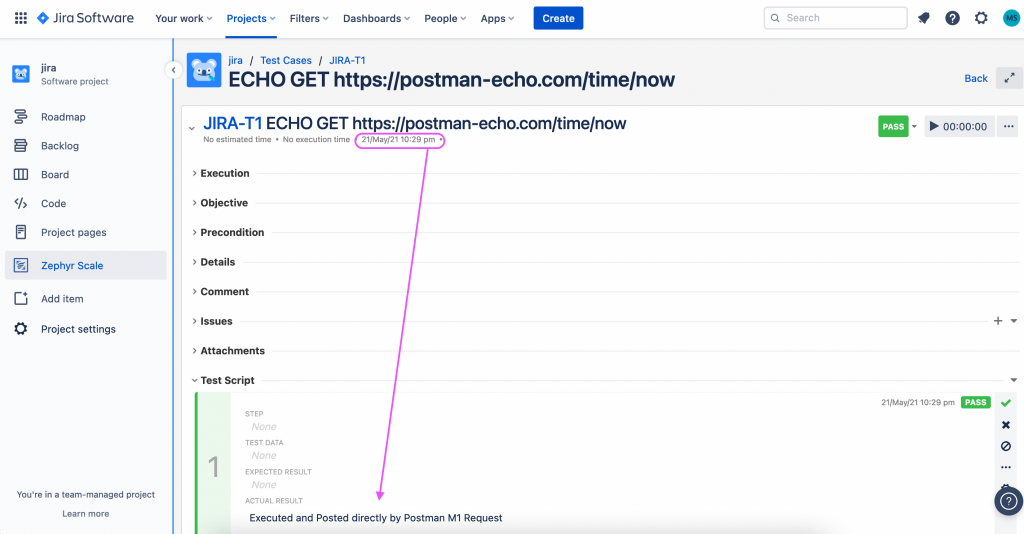 Screen shot of the details of a single execution of a test case, showing the date and time of execution, the pass/fail status, and string of result notes.