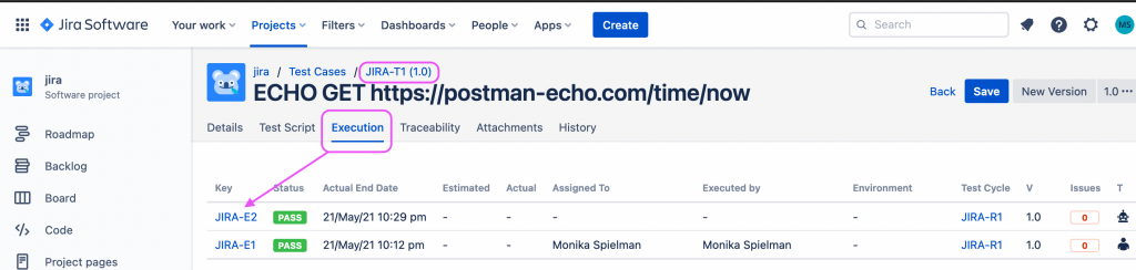 Screen shot of the execution list view of a test case