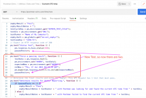 Picture of code showing a new test in context, after the http status test and before the "test" to determine overall result for Zephyr