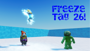 A snow covered game play area surrounded by ice blue walls with thee players playing tag. One player is hovering in mid-air, having been frozen mid-jump.